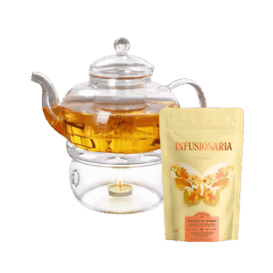 Pack tetera de vidrio + calentador + infusión
